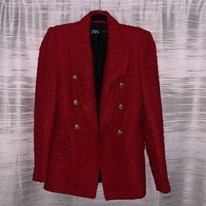Zara Textured Double-Breasted Blazer in Red